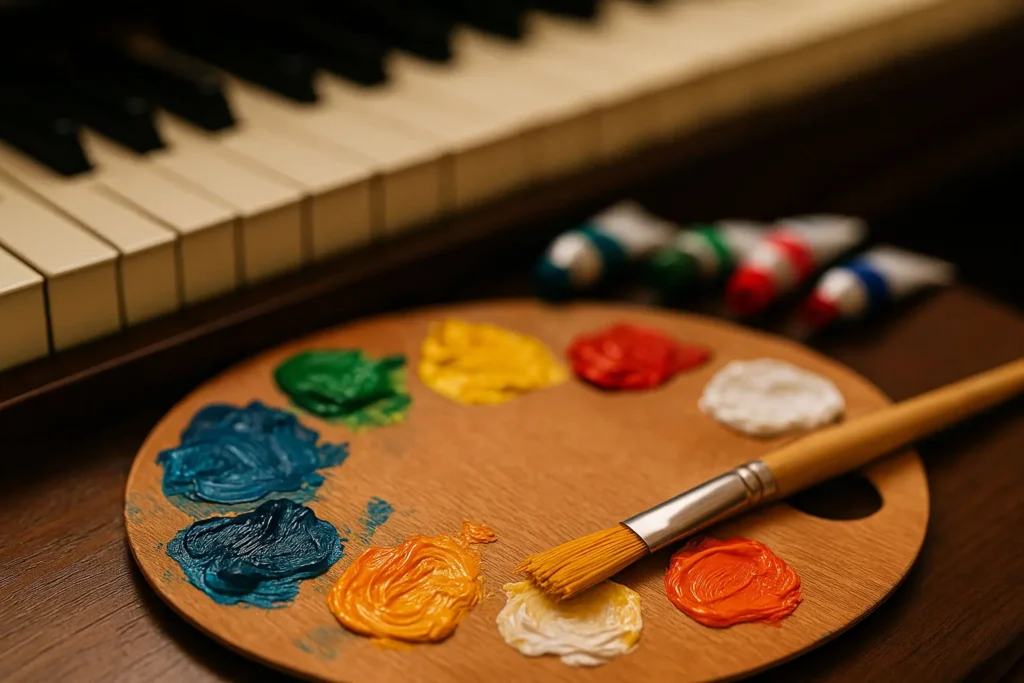 Paleta de colores junto a las teclas de un piano, representando las clases de piano.