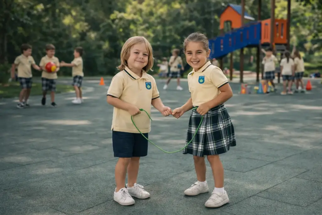 Niños jugando al aire libre en un colegio durante la Summer School 2026 en Valencia sobre suelo de caucho en zona infantil