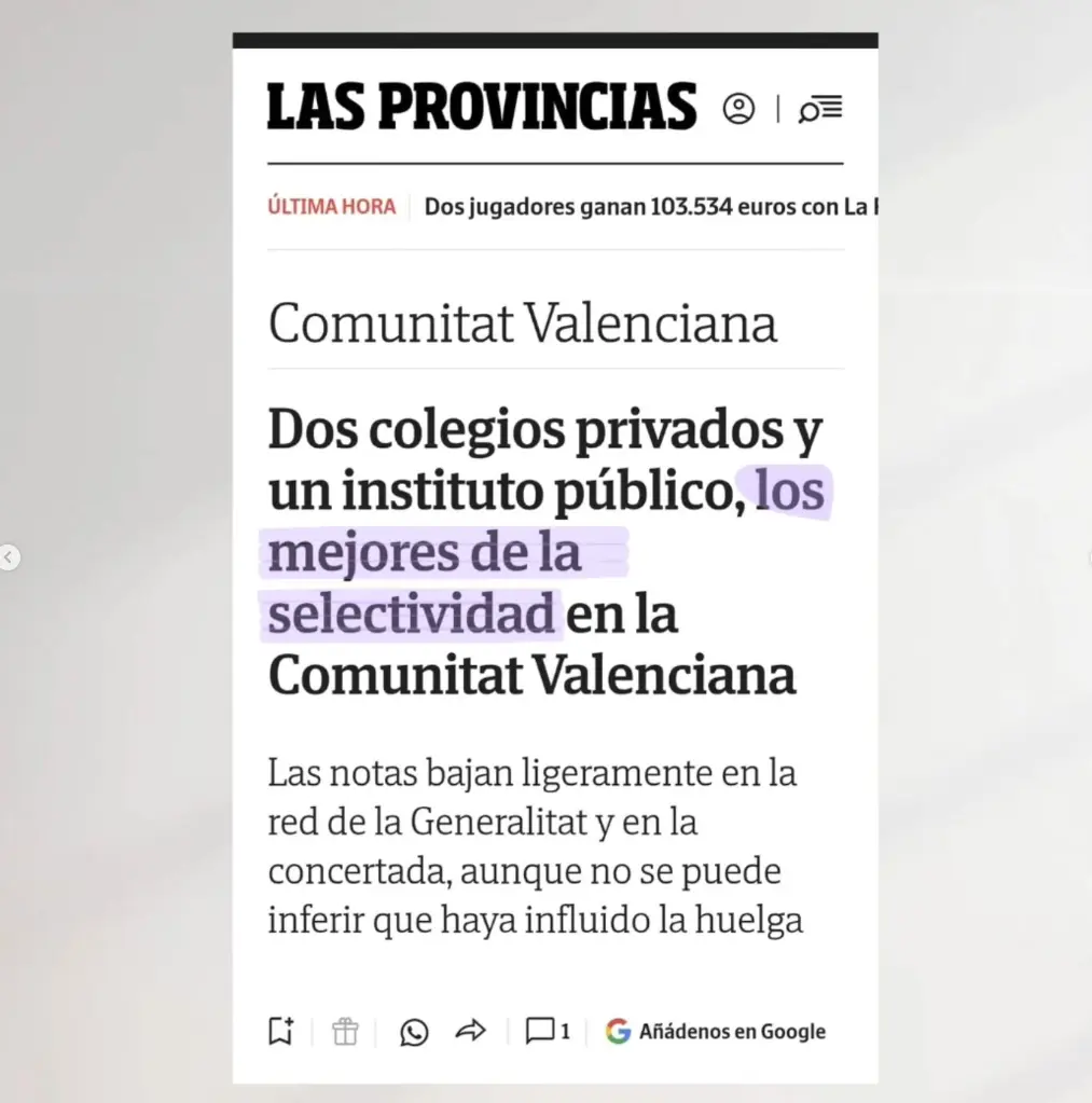 Las Provincias destaca a Alfinach entre los mejores resultados de Selectividad 2026